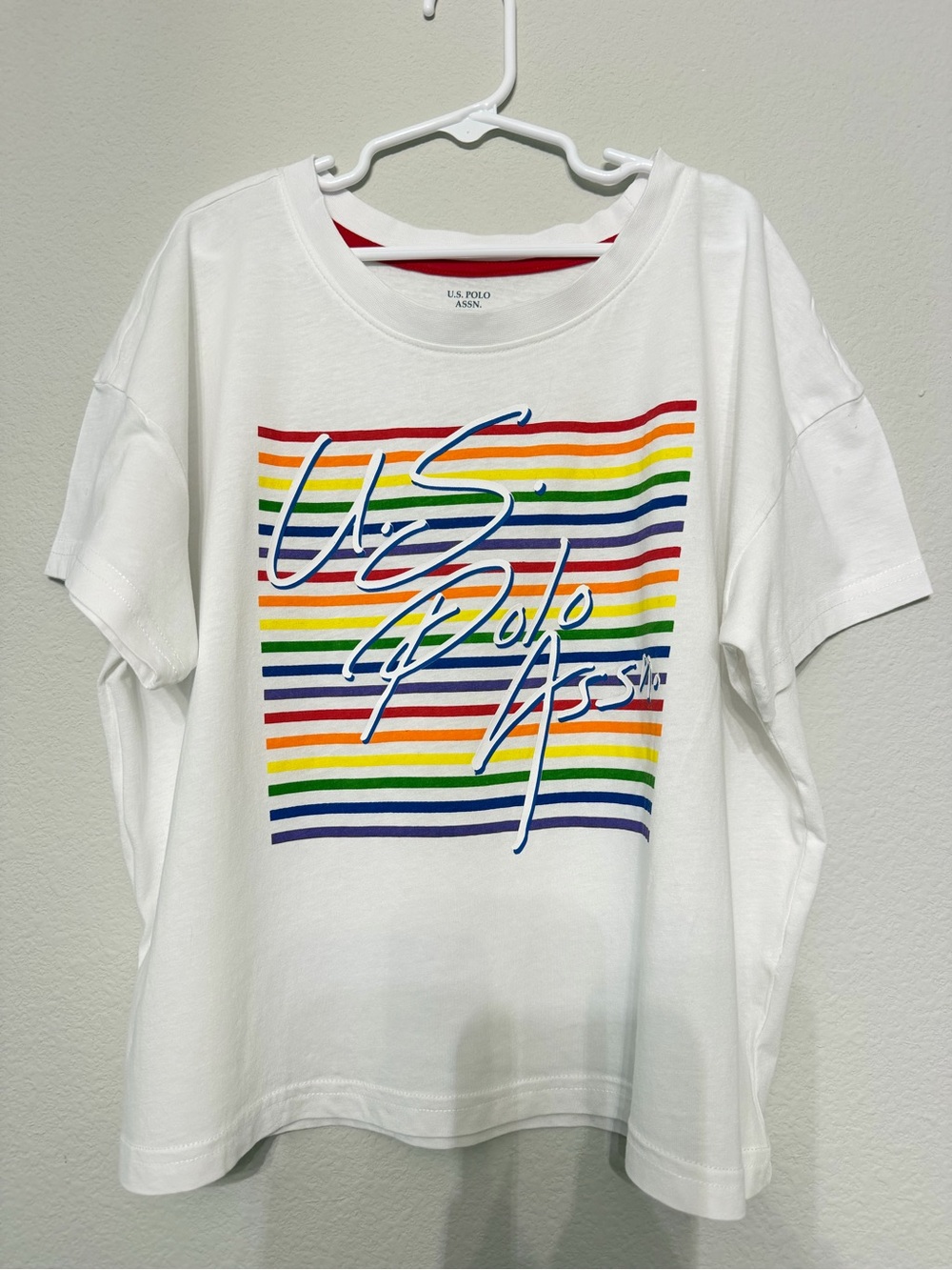 NWOT U.S. Polo Assn Rainbow Striped Logo Crop Tee Cotton Pride